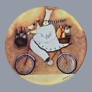 Jennifer Garant Fat Chef on Bicycle Tempered Glass Trivet 8" Round "Chef To Go"